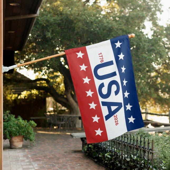 USA 1776 2026 250th Anniversary Red White Blue House Flag (In SItu)