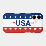 USA 1776 2026 250th Anniversary Red White Blue iPhone 17 Case<br><div class="desc">Celebrating the USA's 250th anniversary. This red,  white,  and blue phone case has the word 'USA' in the center. The years 1776 and 2026 are next to USA. The top stripe is blue and has white stars. The center stripe is white. The bottom stripe is red with white stars.</div>