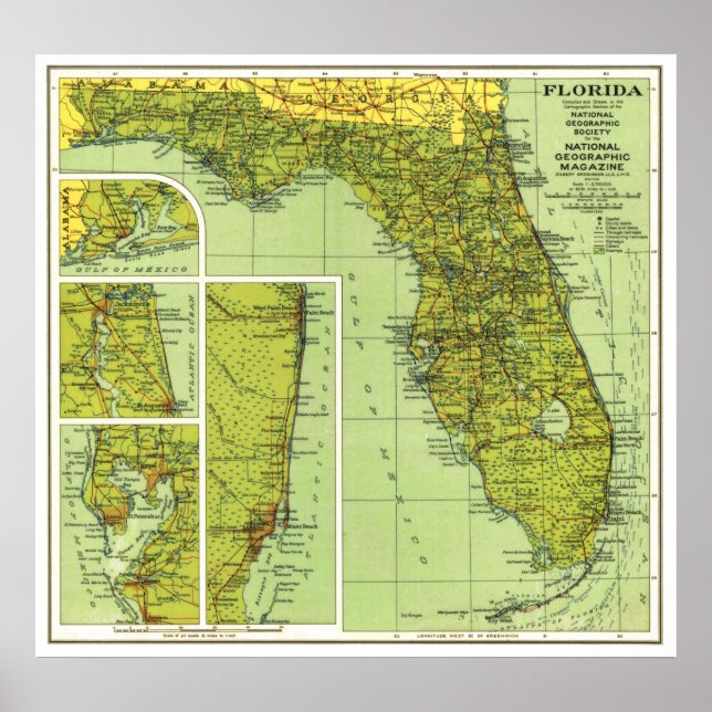 " USA: 1930/heute Florida - Detaillierte Landkarte Poster (Front)