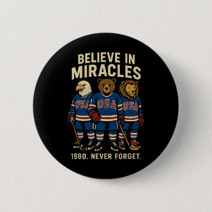 Usa 1980 Ice Hockey Retro Animals Button