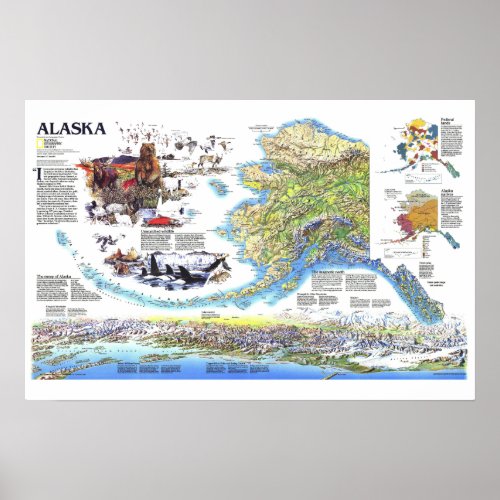  USA 1994 ALASKA map with animals  Poster