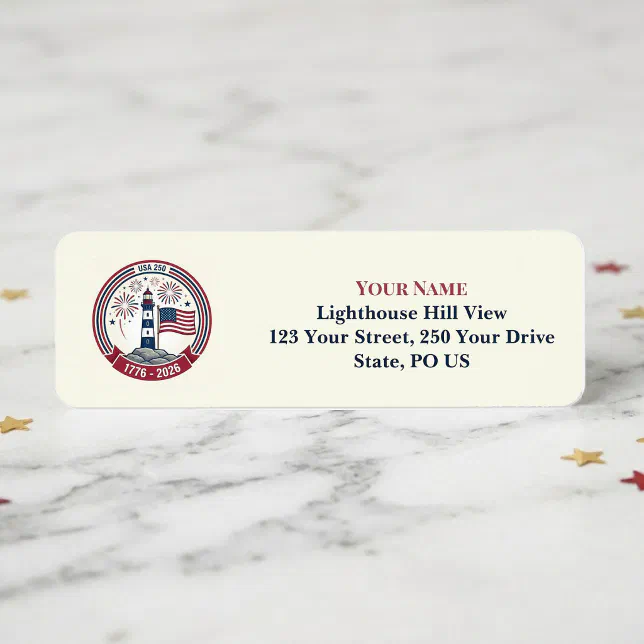 USA 250 Anniversary Lighthouse Red Blue Fireworks Label | Zazzle