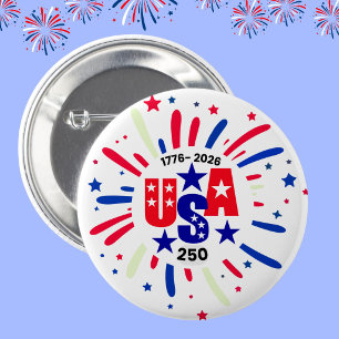 USA 250 Birthday Patriotic Red White Blue Firework Button