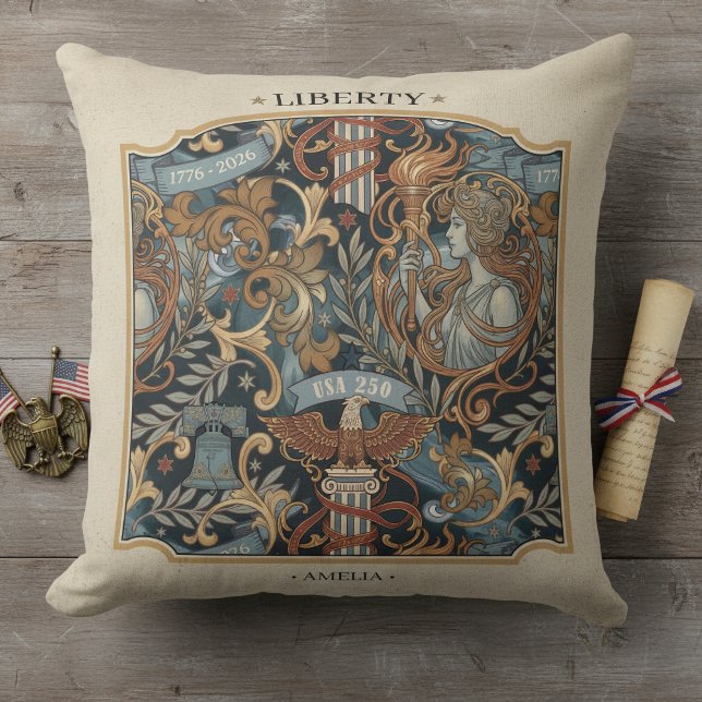 USA 250 Liberty Art Nouveau Pattern Border ID1302 Throw Pillow (Creator Uploaded)