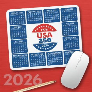 USA 250 with 2026 Calendar - Red White Blue Mouse Pad
