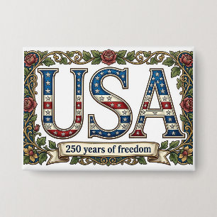 USA 250 Years Anniversary Silver Florals Souvenir Button