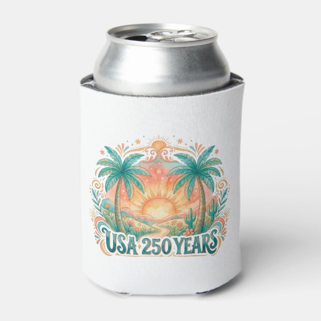USA 250 Years Palm Trees Patriotic Desert Sunrise Can Cooler (Can Front)