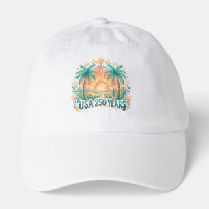 USA 250 Years Palm Trees Patriotic Desert Sunrise Hat