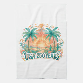USA 250 Years Palm Trees Patriotic Desert Sunrise Kitchen Towel