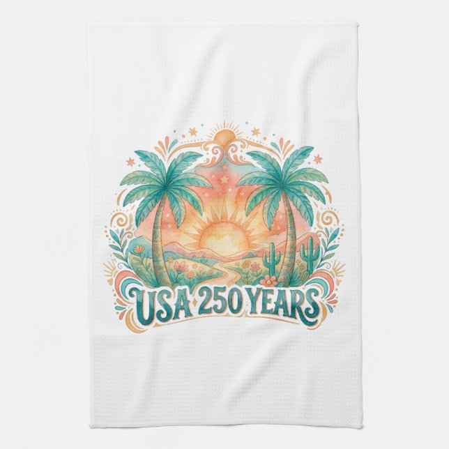 USA 250 Years Palm Trees Patriotic Desert Sunrise Kitchen Towel (Vertical)