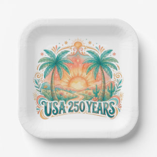 USA 250 Years Palm Trees Patriotic Desert Sunrise Paper Plates