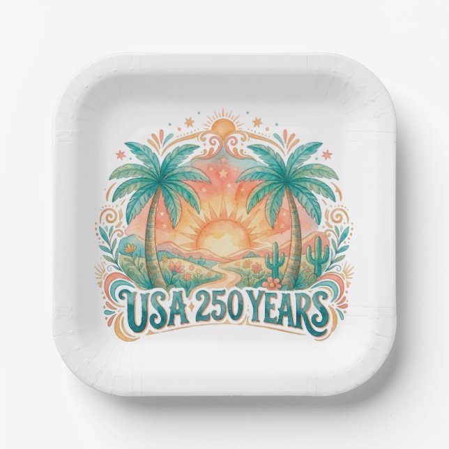 USA 250 Years Palm Trees Patriotic Desert Sunrise Paper Plates (Front)