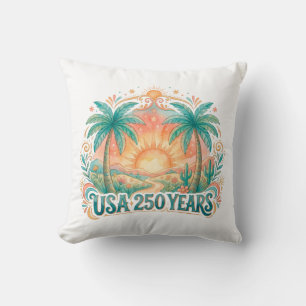 USA 250 Years Palm Trees Patriotic Desert Sunrise Throw Pillow