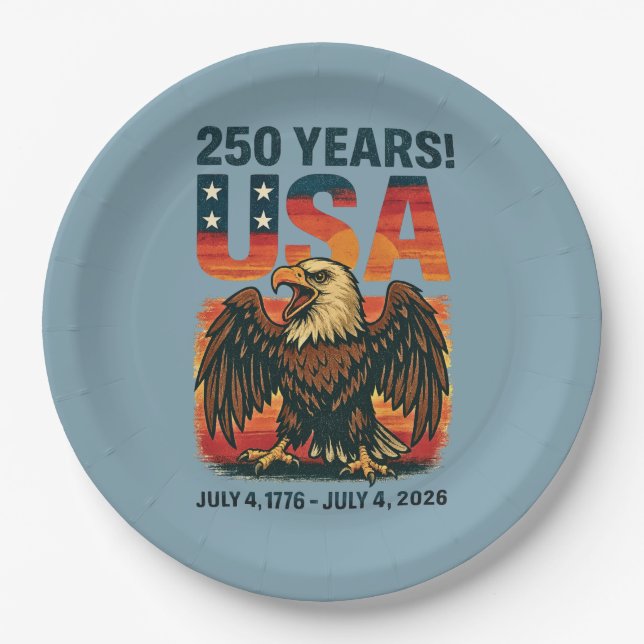 USA 250 Years – Patriotic Bald Eagle July 4th 2026 Paper Plates (Front)