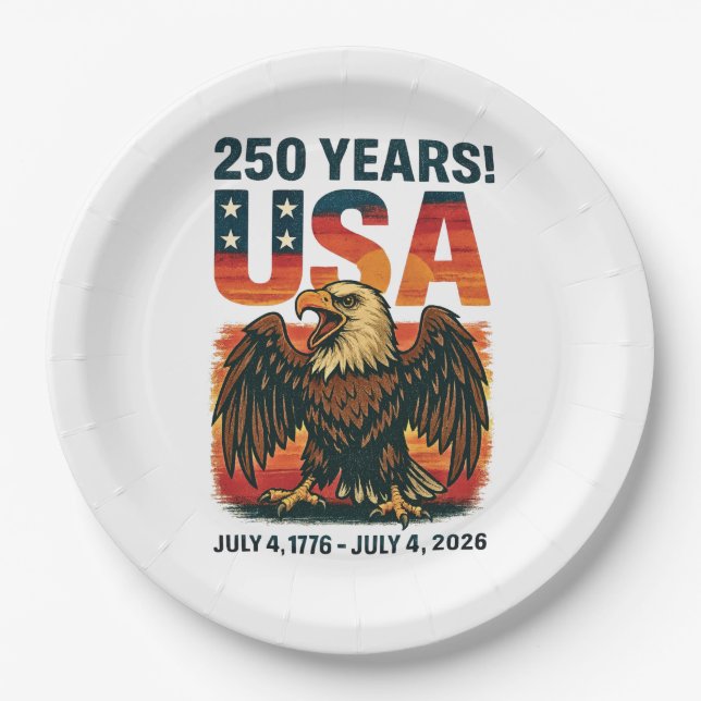 USA 250 Years – Patriotic Bald Eagle July 4th 2026 Paper Plates (Front)
