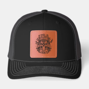 USA 250 Years Patriotic Skull 4th of July Leather Patch Hat