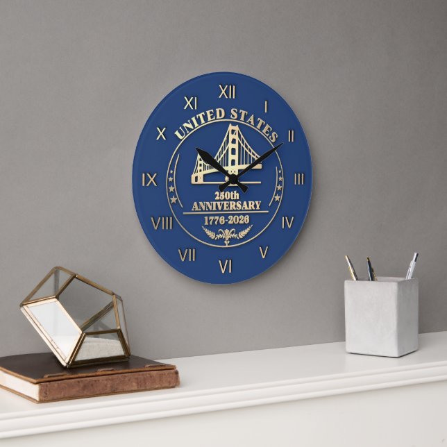 USA 250th Anniversary Golden Gate Gold Roman Nb Large Clock (Office)