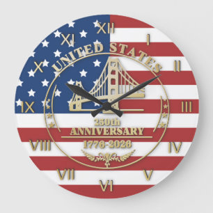USA 250th Anniversary Golden Gate Patriotic Flag Large Clock