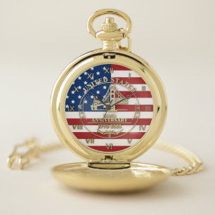 USA 250th Anniversary Golden Gate Patriotic Flag Pocket Watch