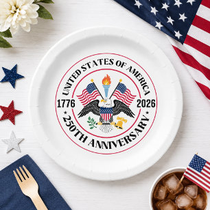 USA 250th Anniversary Patriotic Eagle Emblem Paper Plates