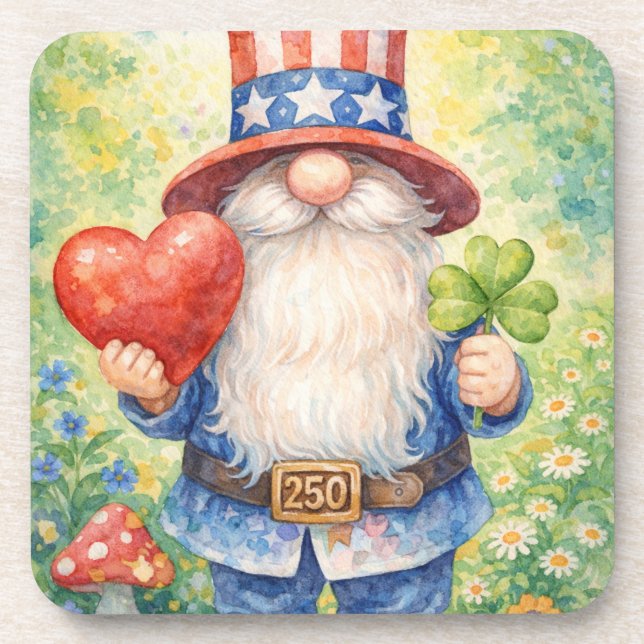 USA 250th Anniversary Patriotic Gnome Heart Shamro Beverage Coaster (Front)