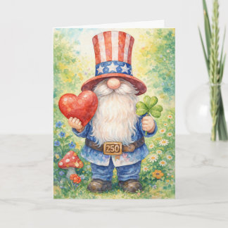 USA 250th Anniversary Patriotic Gnome Heart Shamro Card