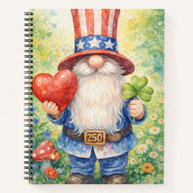 USA 250th Anniversary Patriotic Gnome Heart Shamro Notebook (Front)