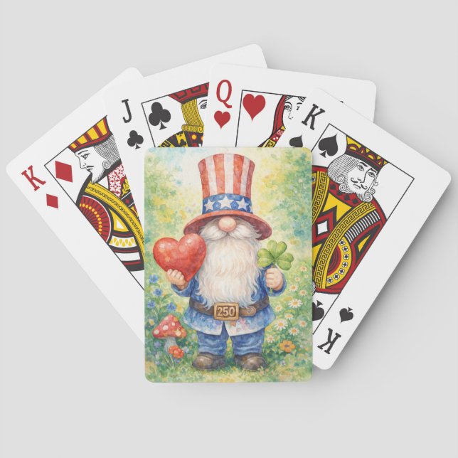USA 250th Anniversary Patriotic Gnome Heart Shamro Poker Cards (Back)