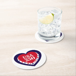 USA 250th Anniversary Patriotic Red White Blue Round Paper Coaster