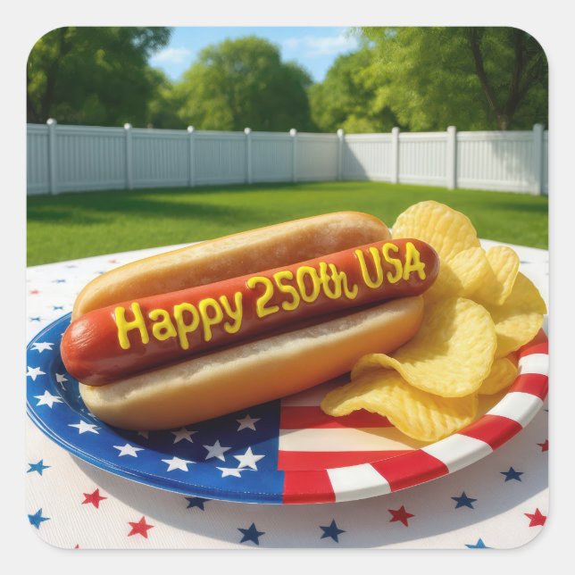 USA 250th Birthday Hot Dog Square Sticker (Front)