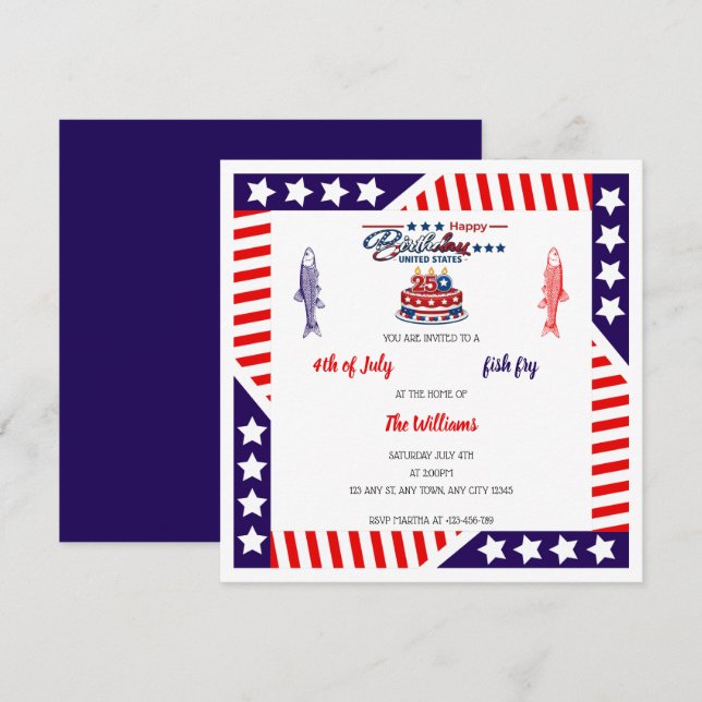 USA 250th Birthday & July 4th Fish Fry Invitation (Front/Back)