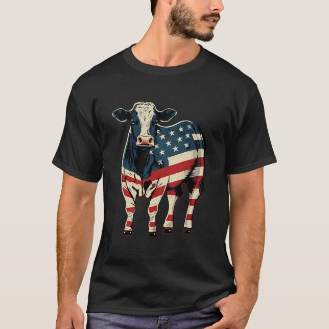 Usa 4Th Of July Cattle On Patriotic American Cow T-Shirt (Front)