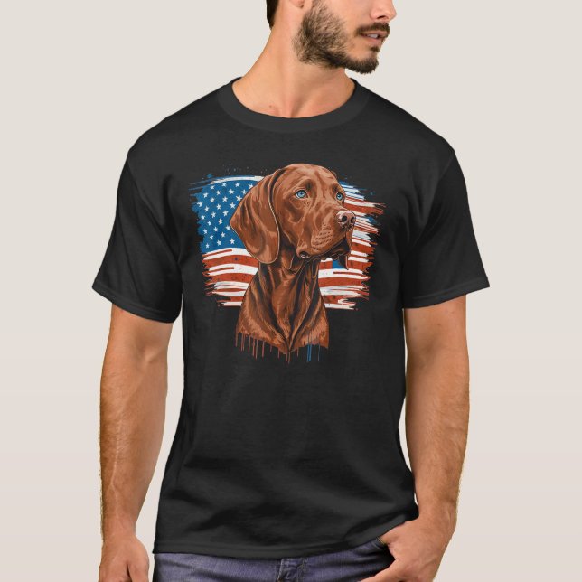 USA 4th Of July Vizsla on Patriotic American Vizsl T-Shirt (Front)