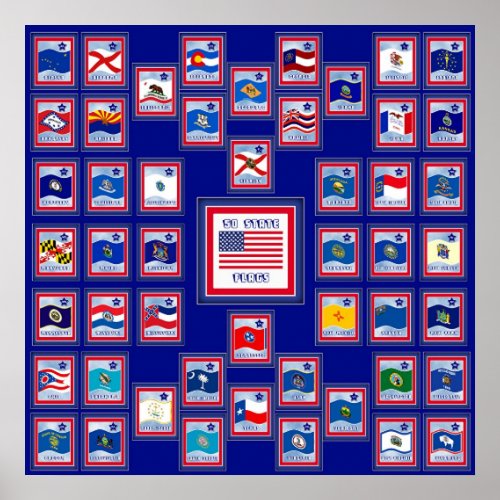 USA 50 STATE FLAGS BLUE555 POSTER