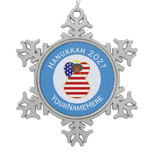 USA African American Angel Hanukkah Flag Personal Snowflake Pewter Christmas Ornament