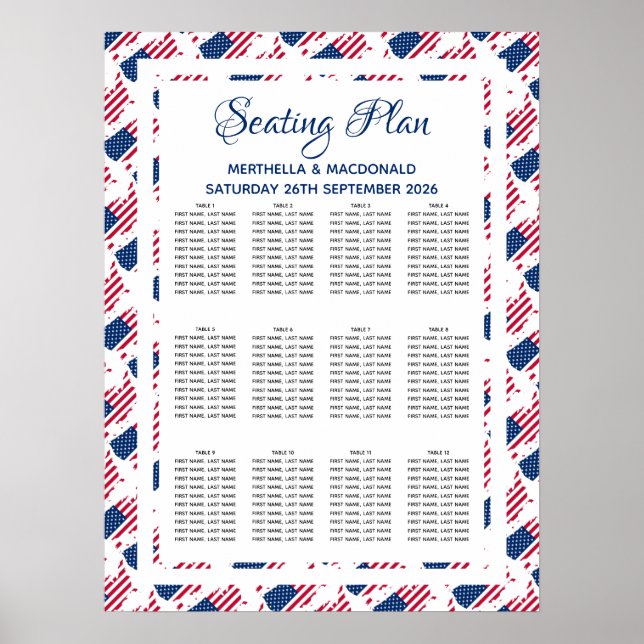 USA AMERICA FLAG Custom Wedding 120 Seating Plan Poster (Front)