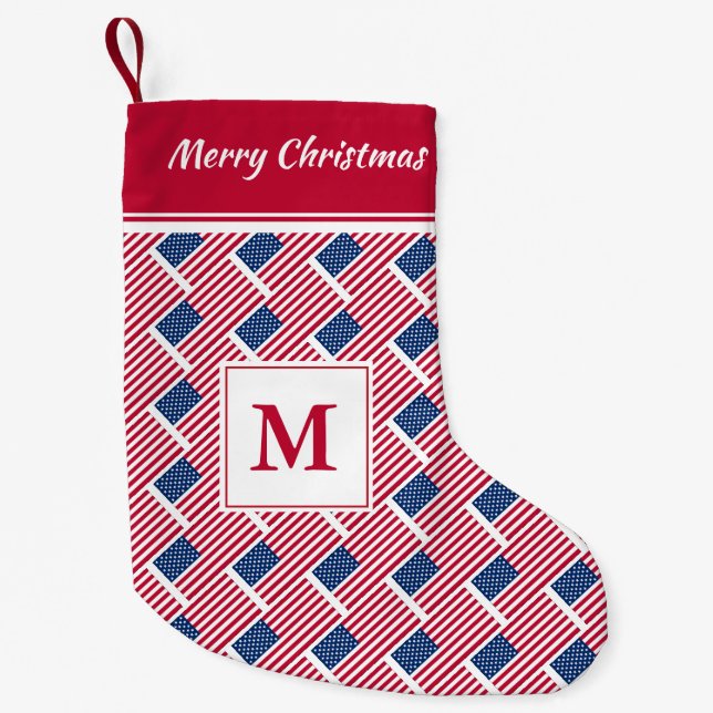 USA AMERICA Flag Monogram Custom Text Small Christmas Stocking (Front)