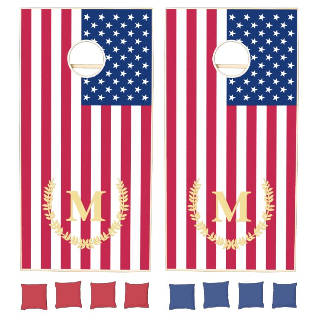 USA America Flag Patriotic Monogrammed 4th of July Cornhole Set (Set)