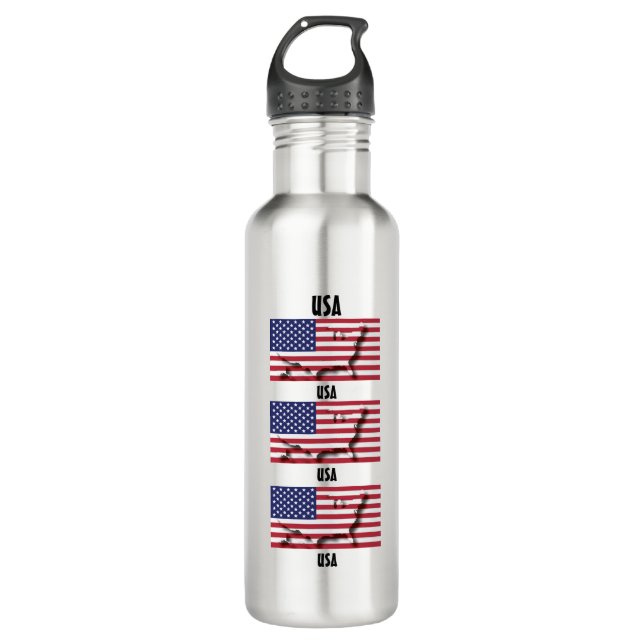 USA AMERICA FLAG Personalized Text 3 Photo Stainless Steel Water Bottle (Front)