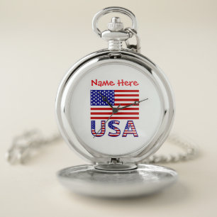 USA America Flag Red Personalized Silvertone Pocket Watch