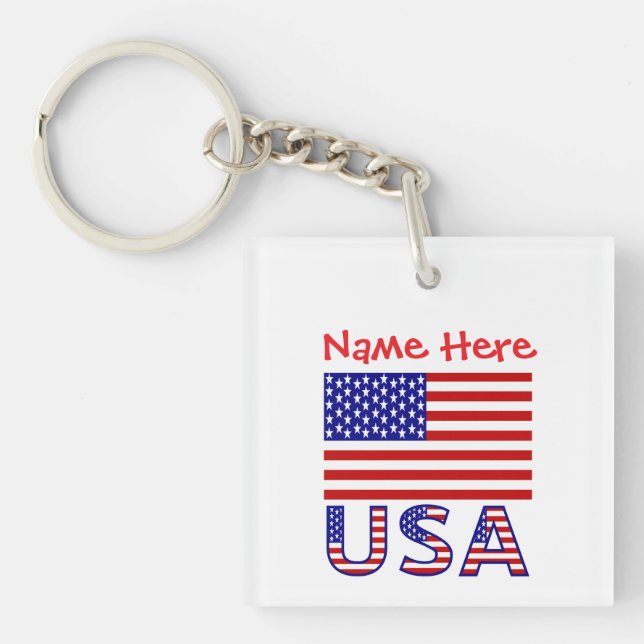 USA America Flag Red Personalized Square Keychain (Front)