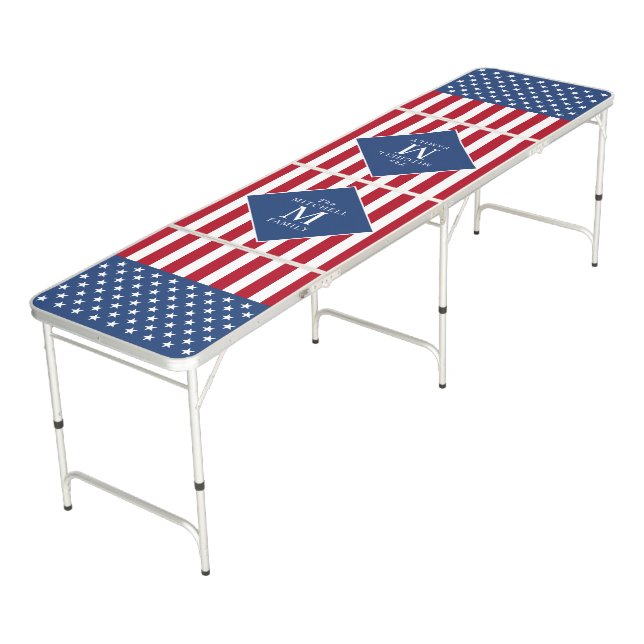 USA America Flag Stars Stripes Patriotic Monogram Beer Pong Table (Angled)