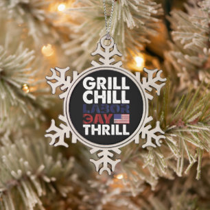 Usa America Grill Chill Labor Day Thrill BBQ Party Snowflake Pewter Christmas Ornament