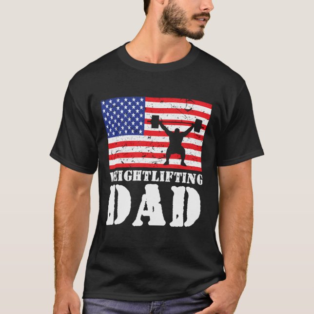 Usa American Distressed Flag Weightlifting Dad Men T-Shirt (Front)