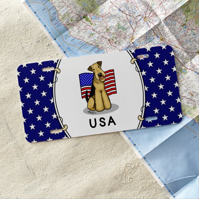 USA American Flag Airedale Terrier Dog - Cute License Plate (In Situ)