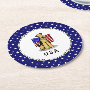 USA American Flag Airedale Terrier Dog - Cute Round Paper Coaster