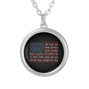 USA American Flag All 50 State Names Silver Plated Necklace