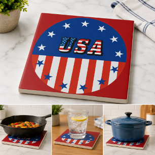 USA - American Flag and Stars in Circle Ceramic Tile