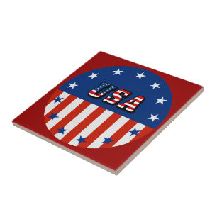 USA - American Flag and Stars in Circle Ceramic Tile