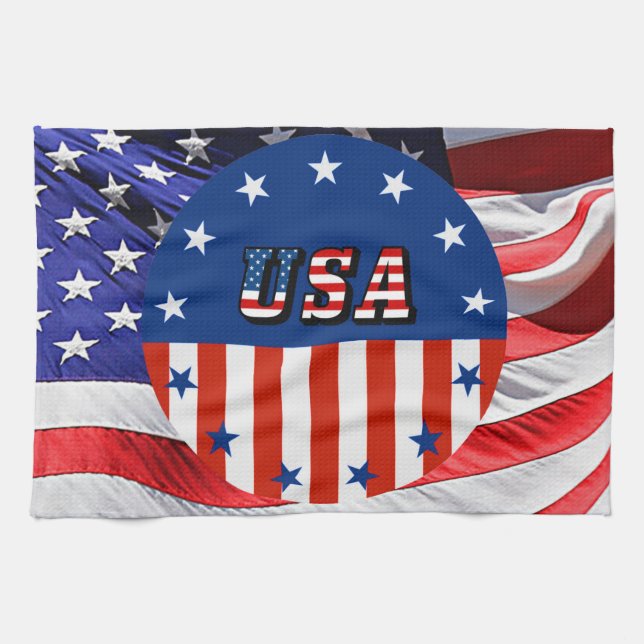 USA - American Flag and Stars in Circle Kitchen Towel (Horizontal)